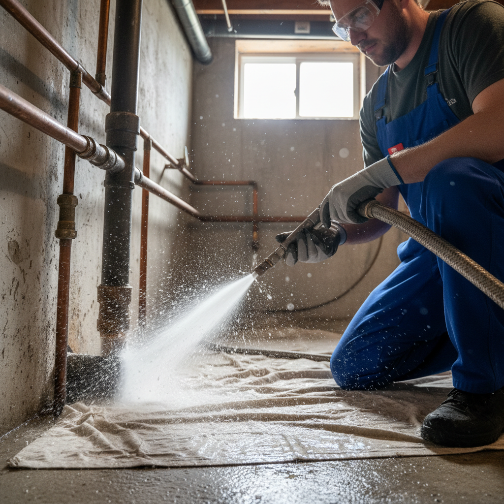 Pro Drain Cleaning technician clearing a blocked drain in a Winnipeg basement