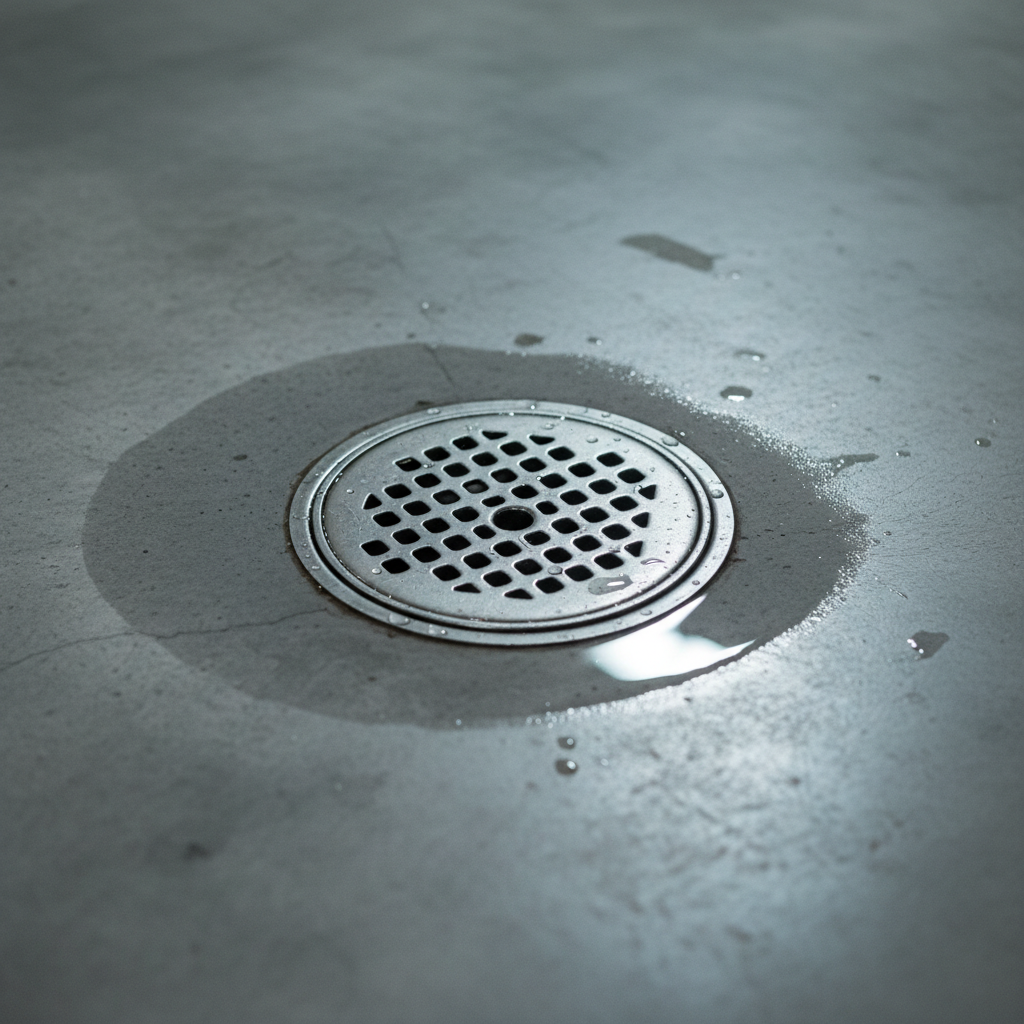 Water pooling around a basement floor drain during a sewer backup