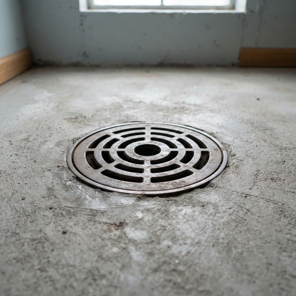 Basement floor drain in a Winnipeg home