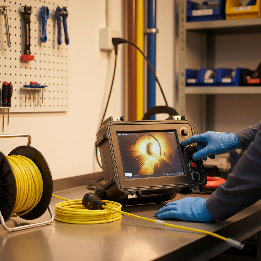 Technician reviewing sewer camera inspection footage on site