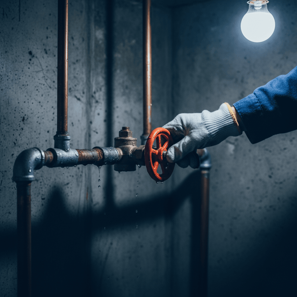 Homeowner shutting off the main water valve during a plumbing emergency