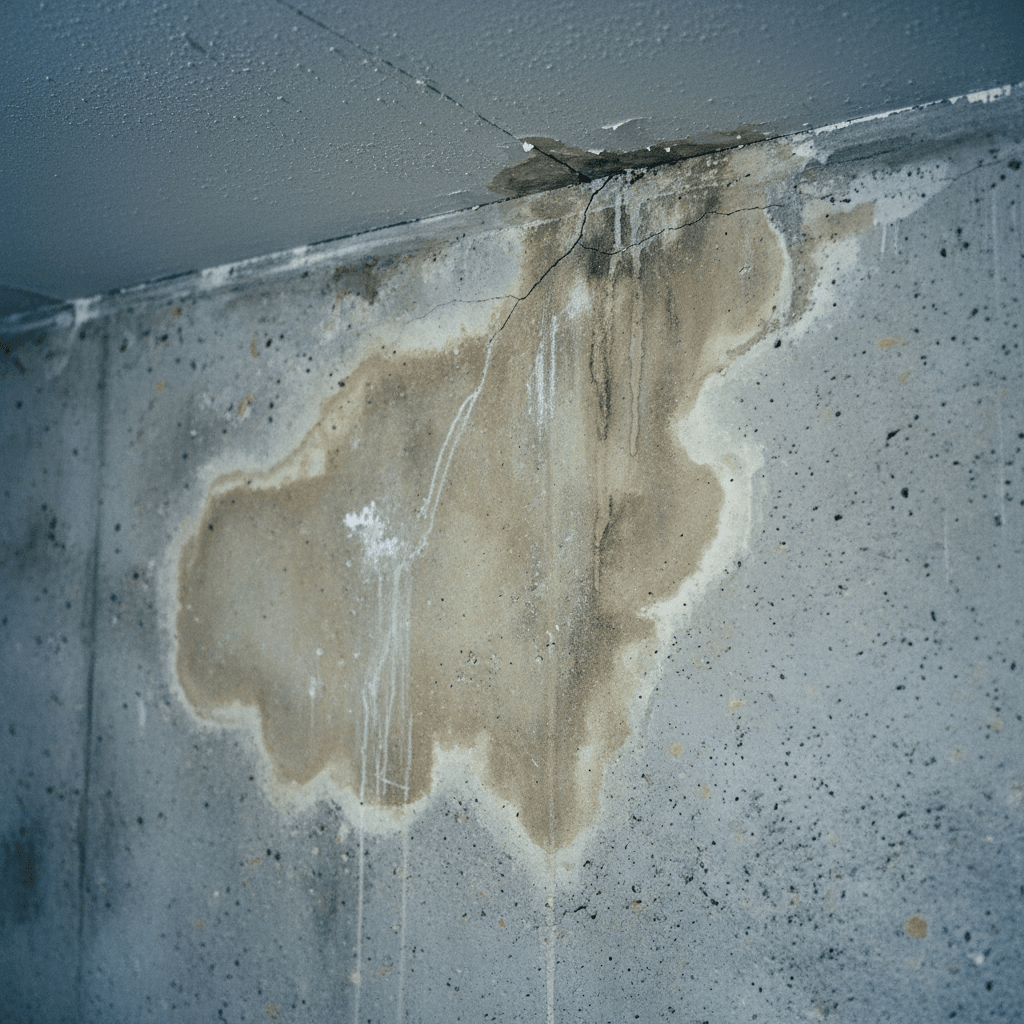 Signs of a hidden water leak on a basement wall