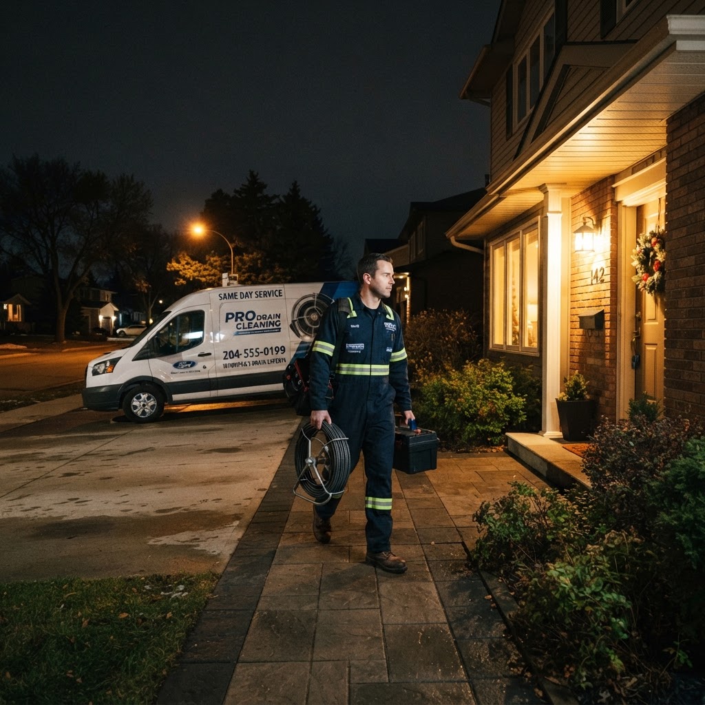 Pro Drain Cleaning technician responding to a night-time emergency call in Winnipeg