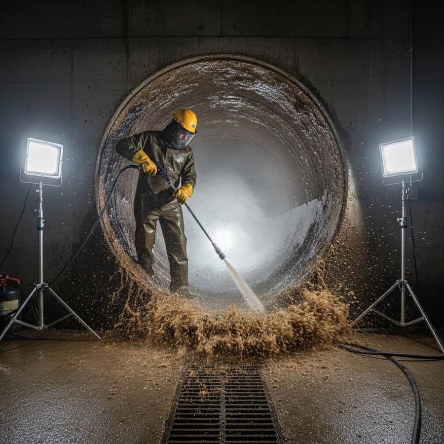 High-pressure hydro jetting a grease-coated drain line