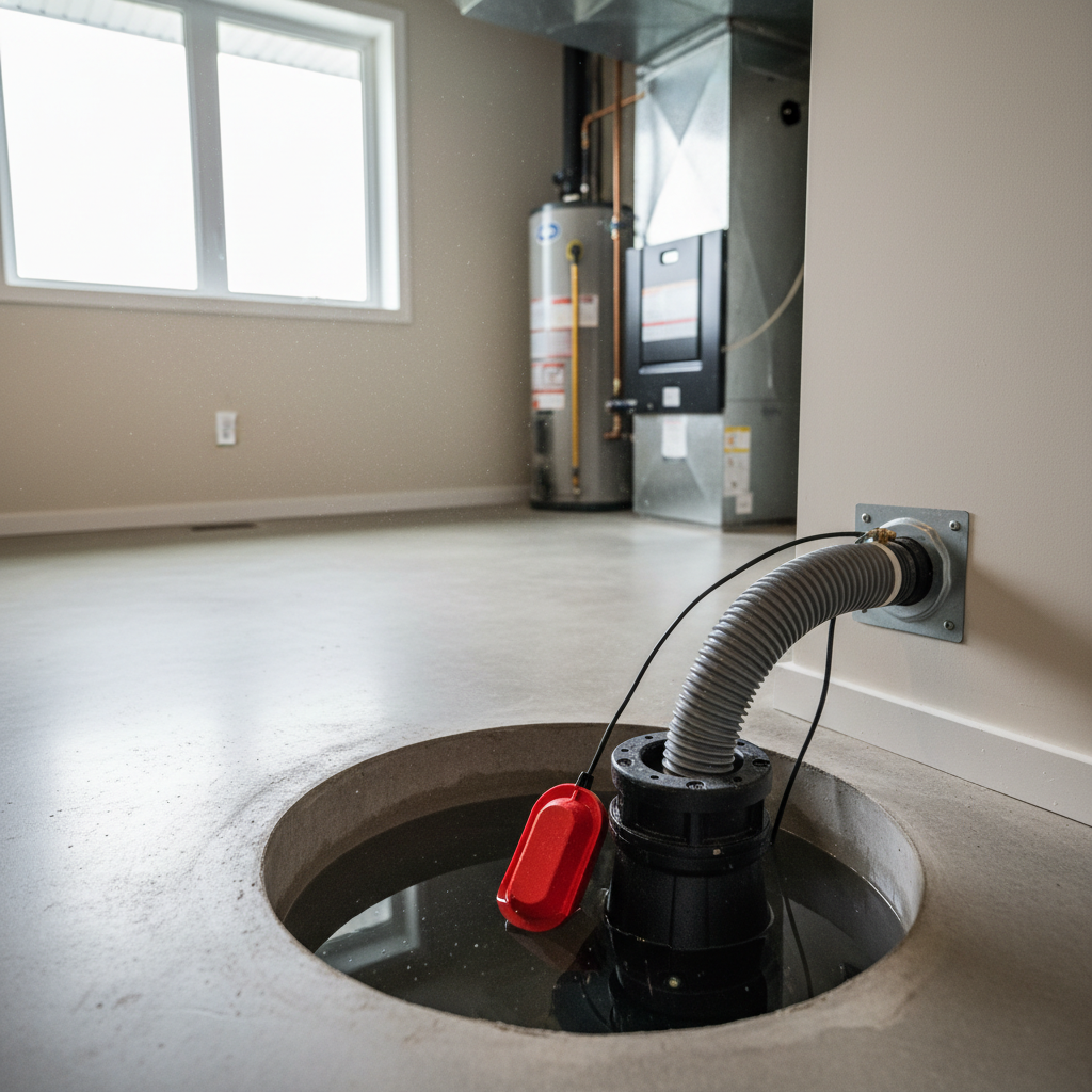 Sump pump in a basement pit during spring melt season