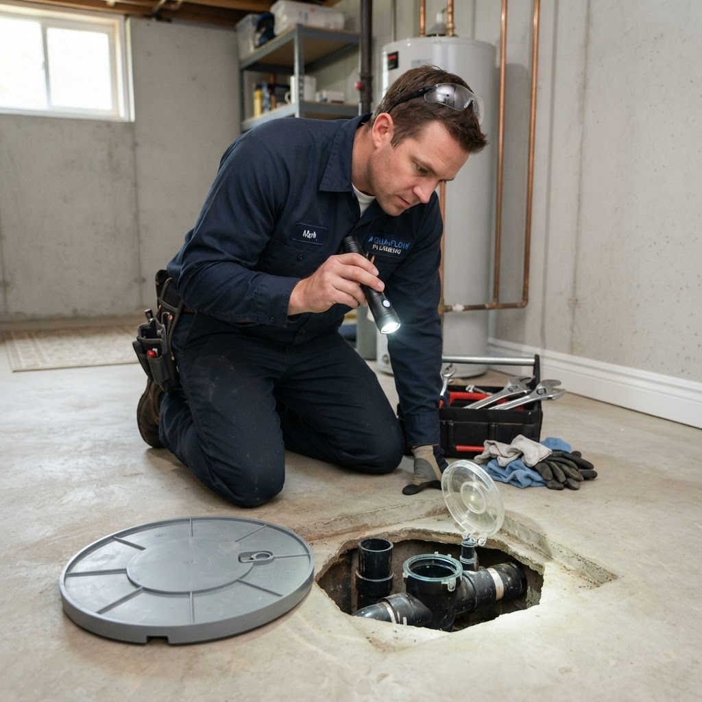 Technician inspecting a backwater valve in a Winnipeg basement
